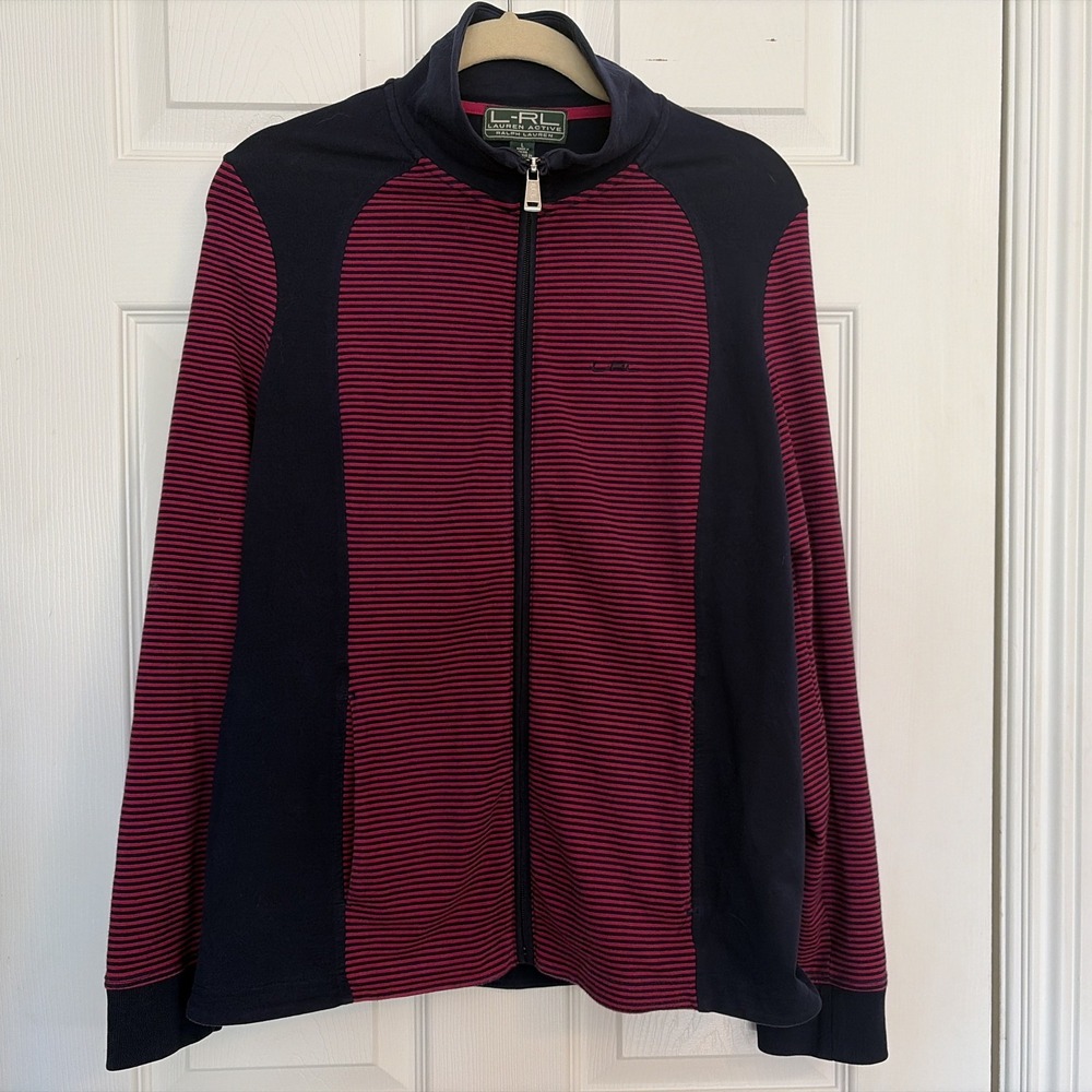 Lauren Ralph Lauren Active Size L Dark Blue & Pink Striped Full Zip Sweatshirt